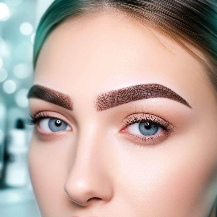 Modell mit gelifteten, volleren Augenbrauen in einem stilvollen Beauty-Studio mit klaren Reflexen
