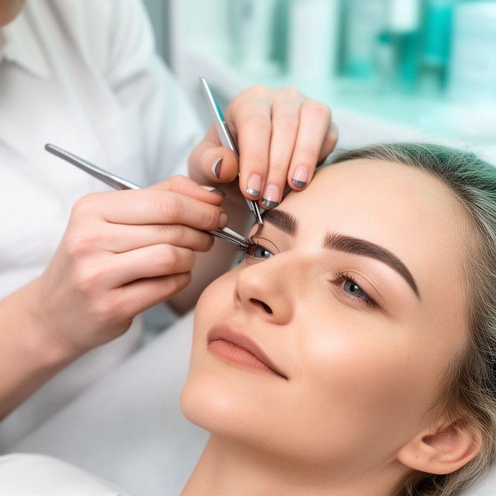 Eine Brow-Stylistin formt präzise eine Braue mit Pinzette in einem modernen Behandlungsraum