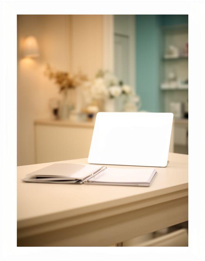 Beratungstisch in einem eleganten Augenbrauenstudio mit Notizbuch, Laptop und warmem Licht
